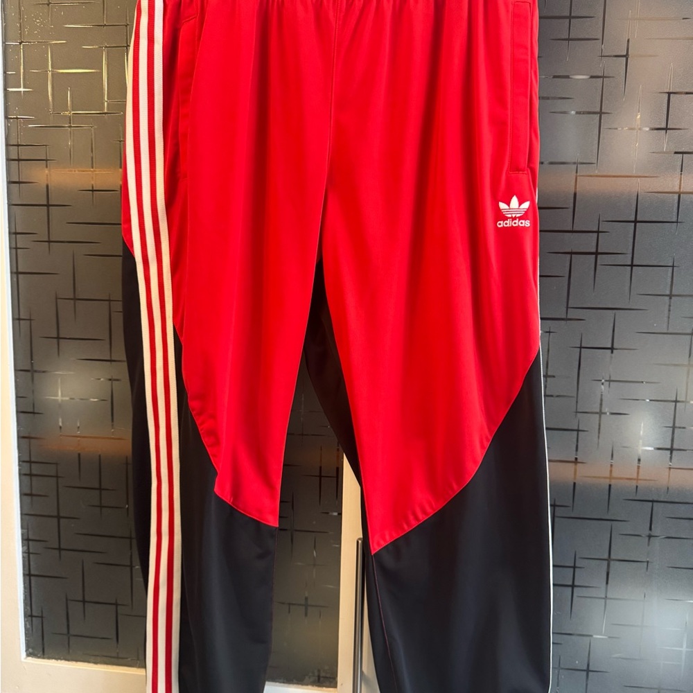 Adidas Red and Black Sweatpants with Signature Stripes